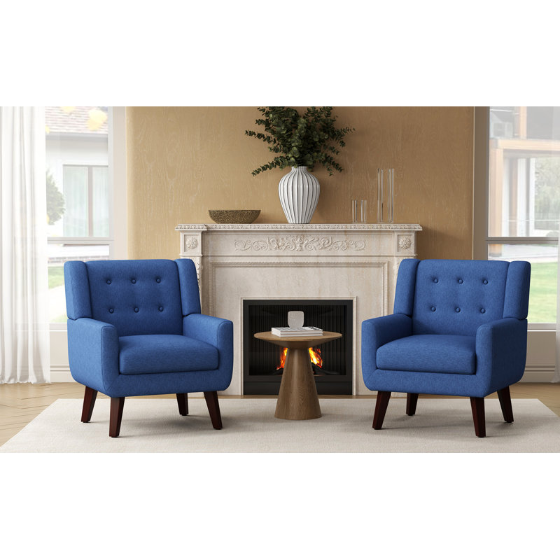 Tufted Linen Upholstered Accent Armchair With Solid Wood Leg, Navy, 1
