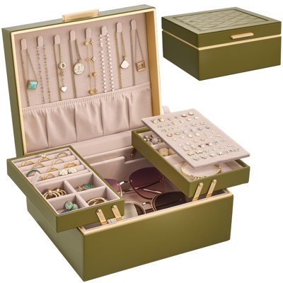 Grand organisateur de bijoux à 2 couches et boîte de rangement pour collier / boucles d'oreilles / bagues / bracelets, cadeau pour femme