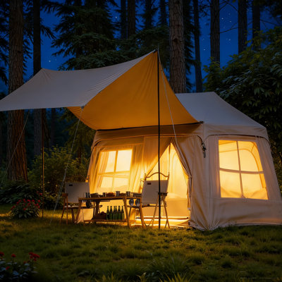 62 sq ft Inflatable Air Tent with canopy - 4 Person Easy Setup Blow Up Tent with Pump, 5 Mesh Windows & Stove Jack, Waterproof Oxford Fabric for 4-Season Glamping & Outdoor Camping