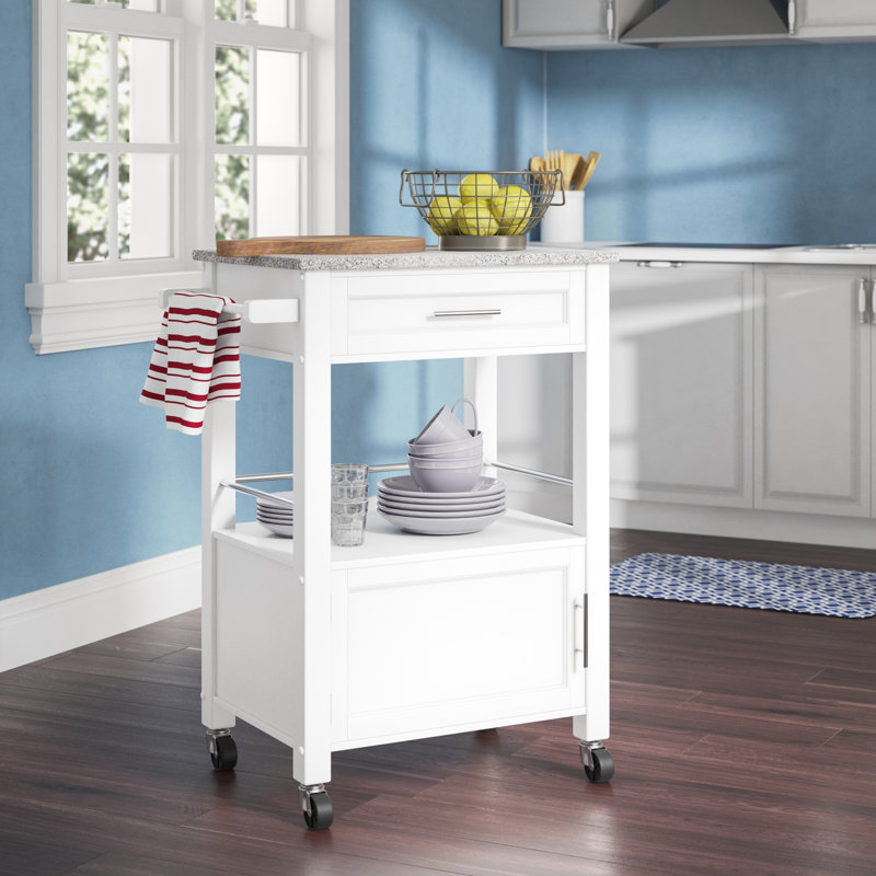 Chariot de cuisine en bois avec rangement doté d'un plateau en granit Sariol, Blanc