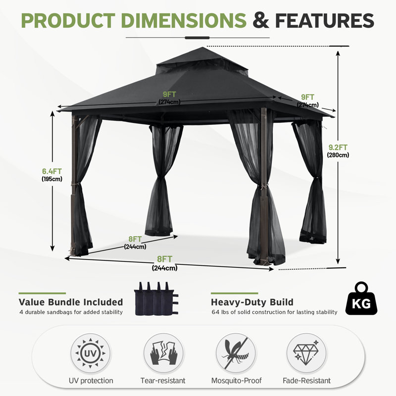 Pavillon de jardin à deux niveaux avec murs grillagés grillagés, 9 pi x 9 pi, Noir