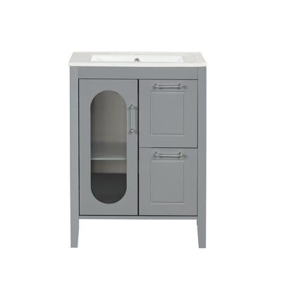 Meuble-lavabo de 24 po avec lavabo, meuble-lavabo avec deux tiroirs et porte, tablette réglable, bois massif et panneau de fibres à densité moyenne, gris (ancien numéro de référence: N725P245273E)