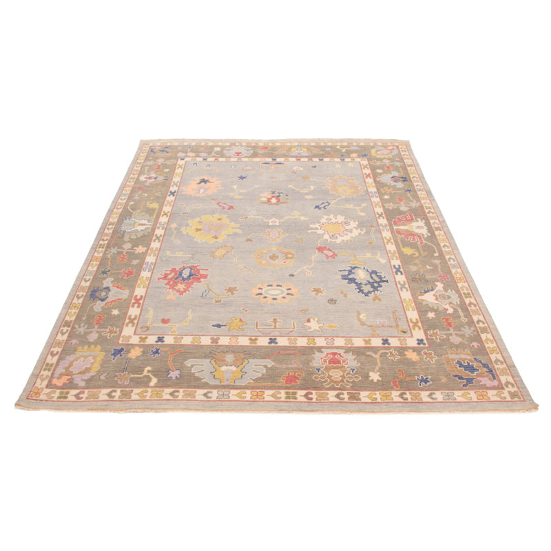 Tapis gris clair en laine noué à la main 8 pi 11 po x 11 pi 9 po Oushak