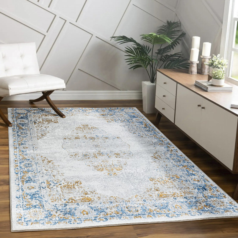 Tapis oriental en plastique polypropylène gris / bleu Legacy, Rectangle 7 pi 10 po x 9 pi 10 po