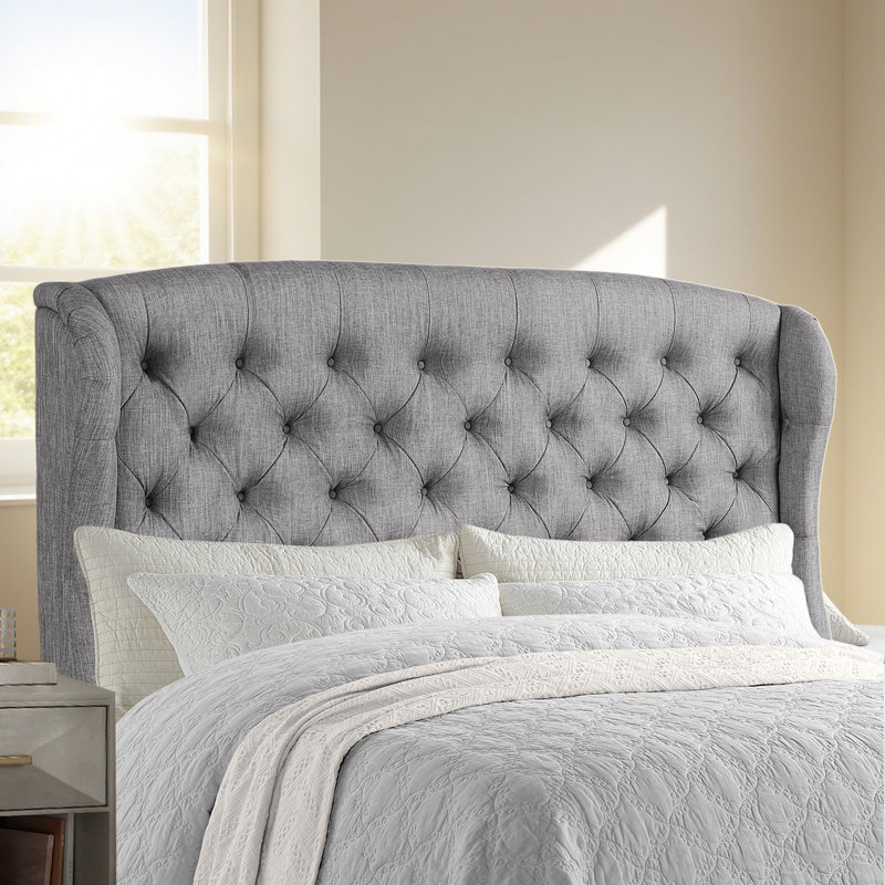 Tête de lit tapissier à oreilles de luxe en lin - Moderne - Hauteur réglable - Capitonnage à boutons, Gris, Très grand lit