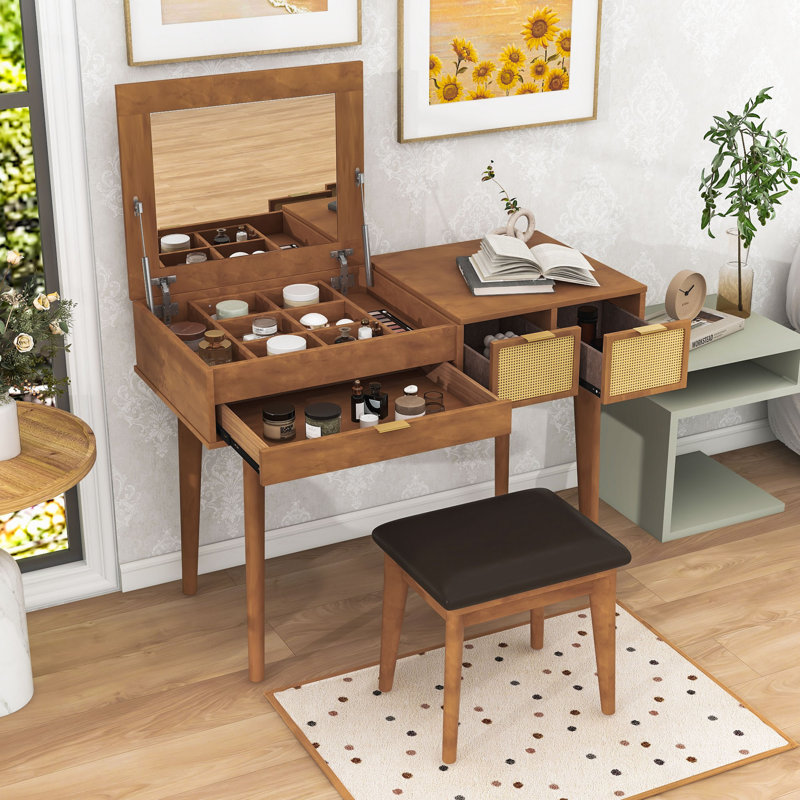 Vanity Makeup Desk with Flip-top Mirror, Storage Drawers and Stool, Brown