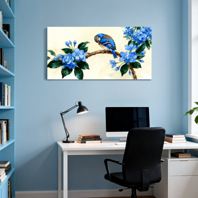 Animals Blue Bird Perched On Flowering Branch