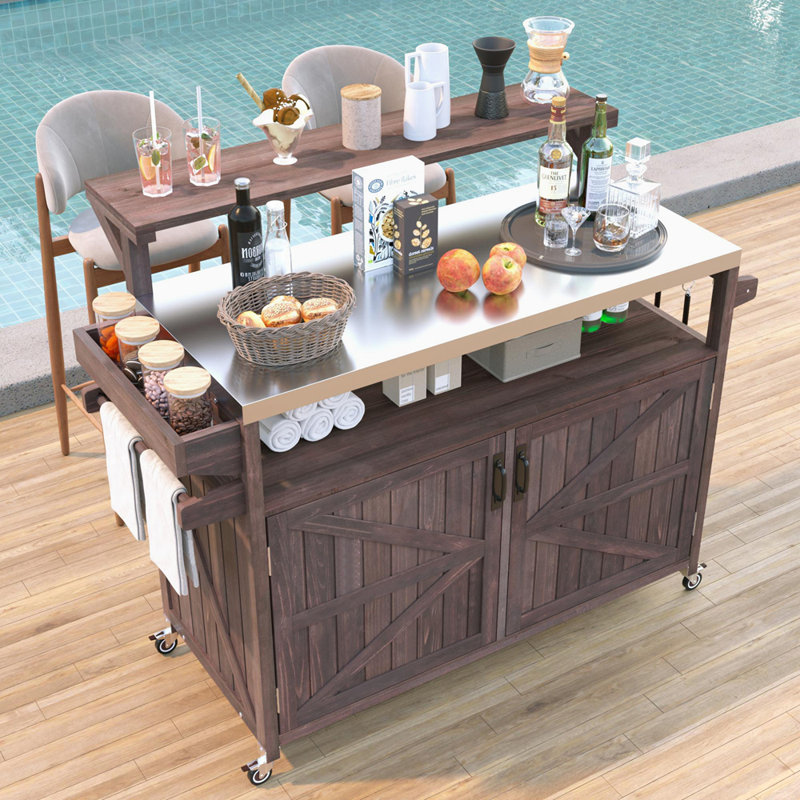 Îlot de cuisine extérieur avec armoire de rangement en bois massif et plateau en acier inoxydable, Brun
