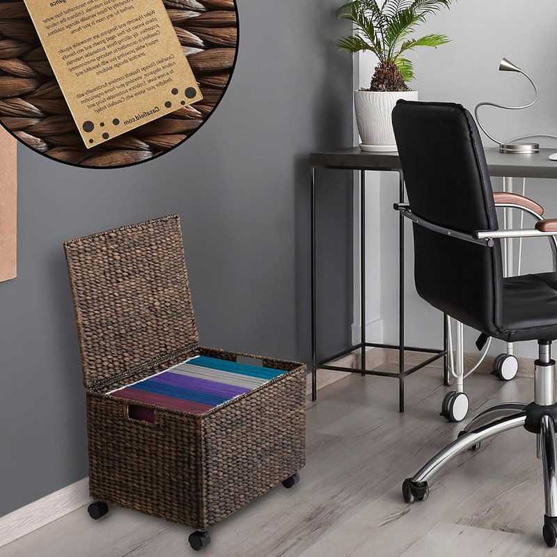 Rolling Filing Cabinet, Espresso - Water Hyacinth File Organizer with Lid and Locking Wheels, Cabinets for Hanging Folders