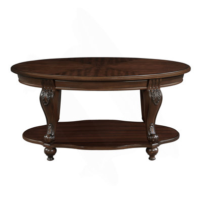 42 Inch Oval Wood Coffee Table For Living Room, 2-Tier Solid Wood Cocktail Table With Open Storage Shelf, Easy Assembly