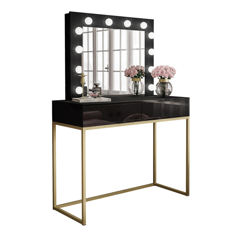 Antoniya Dressing Table with Mirror, Gold Matt/High Gloss Black