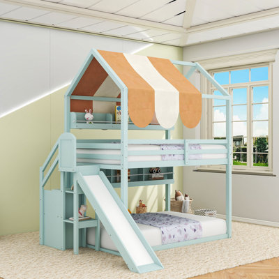 Lit superposé double en bois avec auvent de maison de jeu, tablettes intégrées et glissade amusante