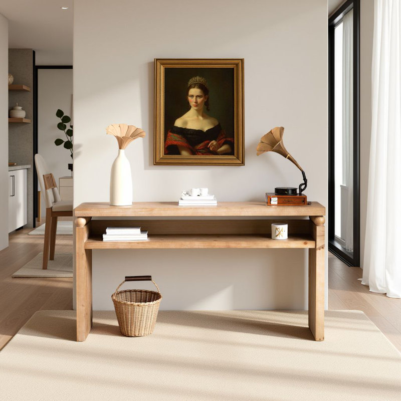 59" Farmhouse Console Table with Open Shelf - Rustic Wood Entryway Table, Narrow Sofa Table for Behind Couch, Hallway Storage Solution (Natural Finish)