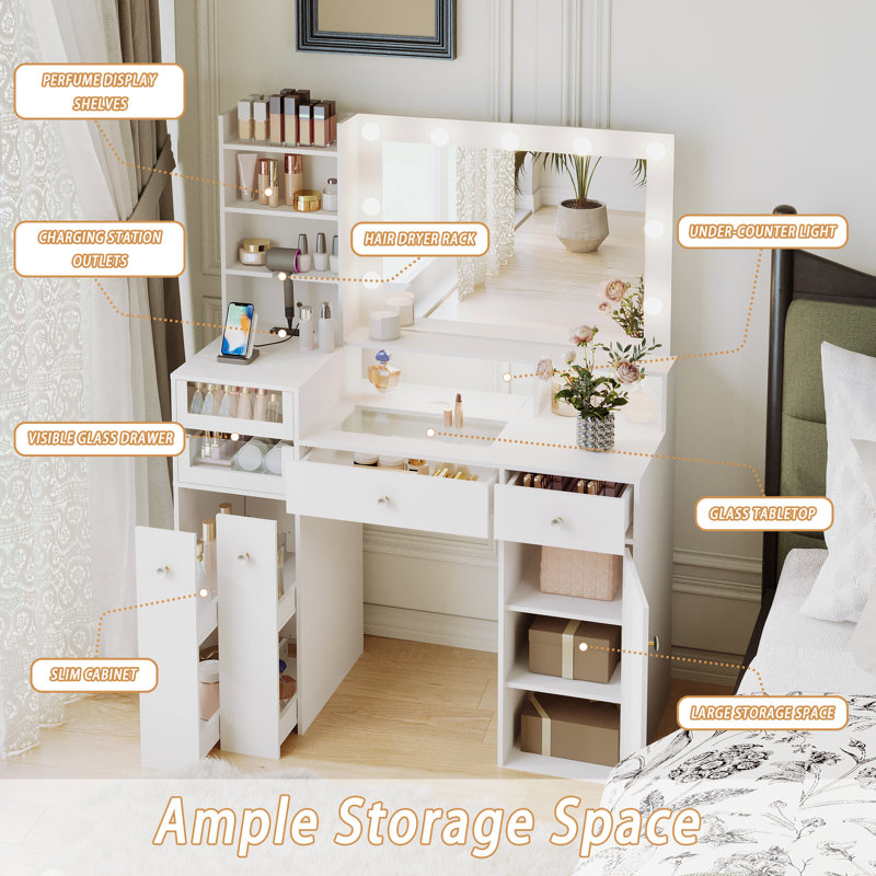 Vanity Desk With Outlet, Hollywood Vanity With Glasss Drawers Tabletop