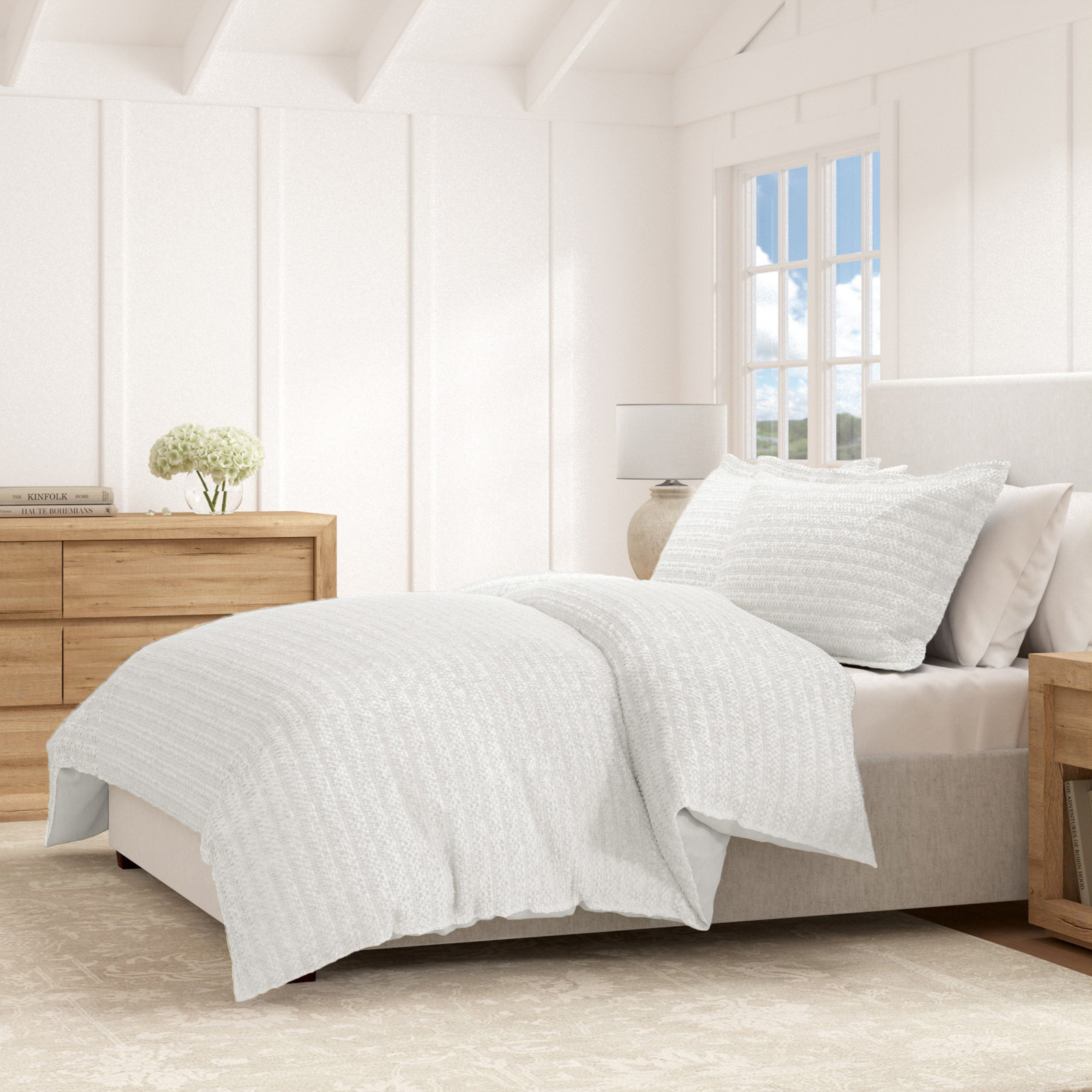 Waffle Cotton Duvet Cover Set, White, Full / Queen Duvet + 2 Shams
