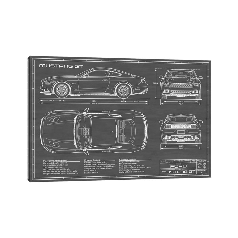 Mustang GT (2015-2017) Black by Action Blueprints - Wrapped Canvas Print, 66.04 cm H x 45.72 cm W x 1.91 cm D
