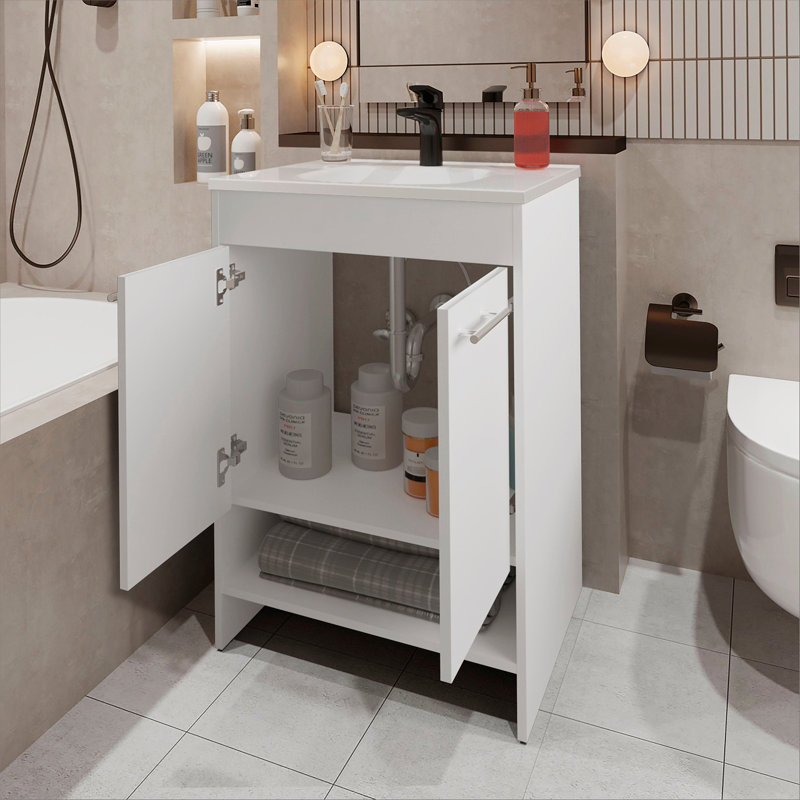 Meuble-lavabo blanc à 2 portes avec rangement ouvert, Blanc
