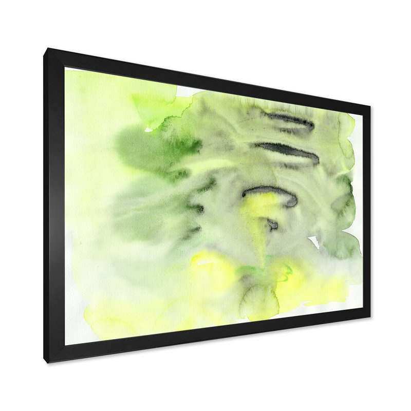 Étang abstrait vert et jaune - Peinture sur toile, H 16 po x l 32 po x P 1,5 po, Toile avec cadre noir