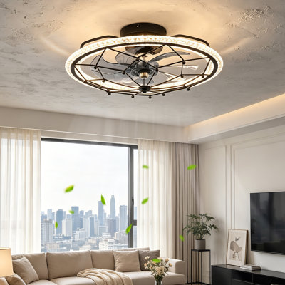 Caged Farmhouse Industrial Ceiling Fan with Remote, 6 Speeds and 3-Color LED Light