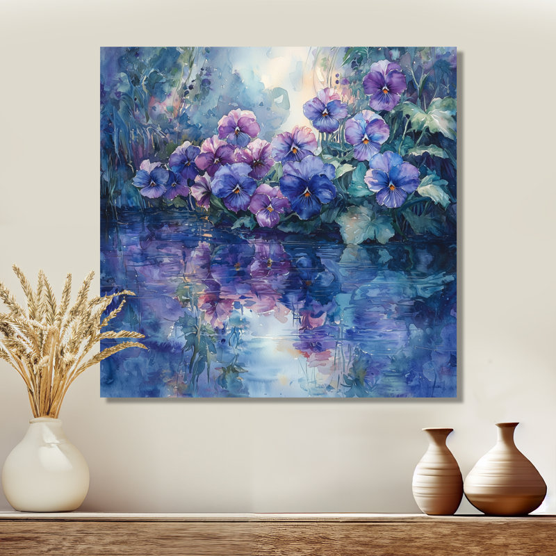 Pensée de fleurs, reflets au bord du lac I - Pensées, art mural, H 30 po x l 30 po, Toile tendue, Ne s’applique pas