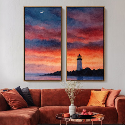 Grand ensemble d'art mural sur toile encadrée - Croissant de lune, phare, crépuscule et ciel nocturne en rouge pour impression de décor côtier - 60 po x 30 po x 2 pièces