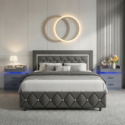 3-Piece Bedroom Sets,With Faux Leather Diamond Tufted Platform Bed  And LED Nightstand