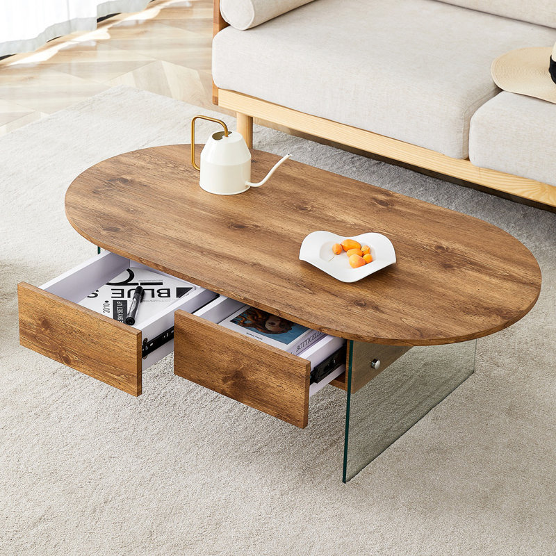 Coffee Table With Double Drawers. The Board Surface Is MDF Sticker, And Both Sides Are  Tempered Glass. The Design Is Simple And Elegant, With Excellent Storage Functions.