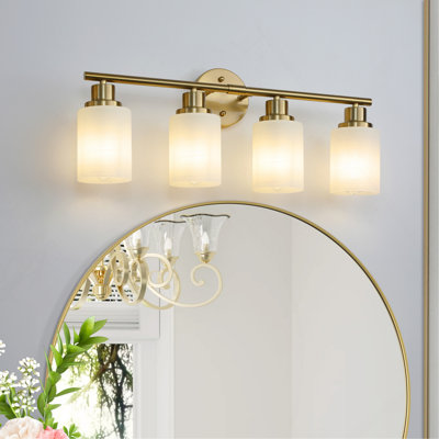 Applique murale moderne 24 po à 4 lumières pour meuble-lavabo 24 po, finition dorée avec abat-jour en verre givré pour éclairage de salle de bain ou de couloir (ampoules non incluses)