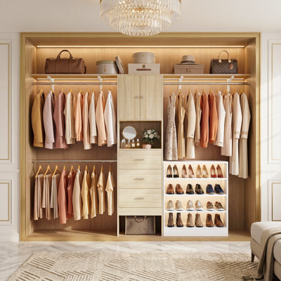 120" W Closet System With Shoe Storage Cabinet, Closet Organizer With Doors And Wooden Drawers