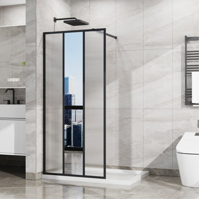 34" W x 72" H Fixed Shower Door, 3-Panel Design with Center Mirror & Fluted Pattern, 1/5 inch (5mm) Tempered Glass, Walk-in Shower Screen Panel Matte Black