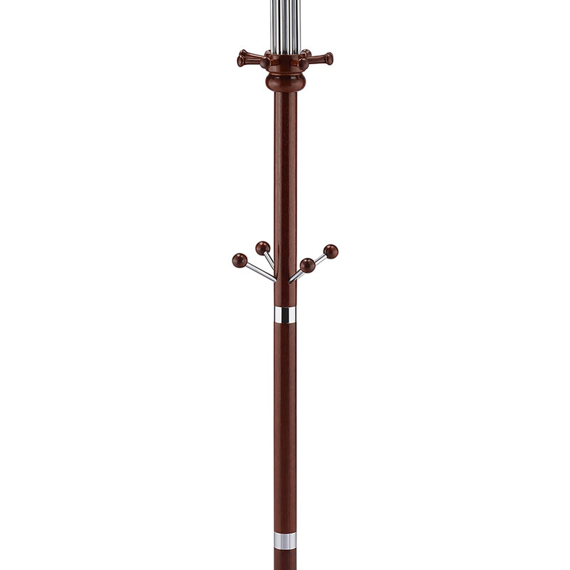 73 Inch Tall Chrome And Wood Coat Rack With Cherry Finish, Durable And Stylish For Home And Office Use, Cherry