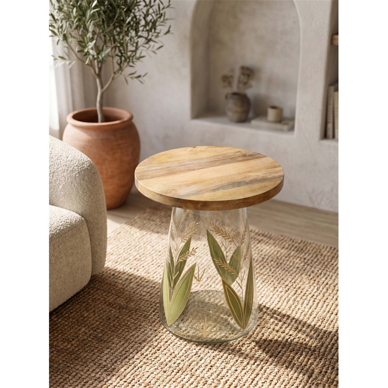 Table d'appoint en verre 16 po x 17,5 po avec plateau en bois, base peinte à la main pour des espaces compacts et un décor élégant