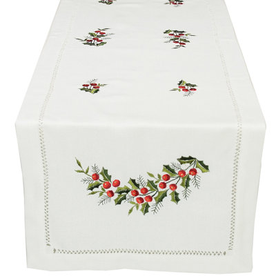 Holly Berry Embroidered Hemstitch Holiday Table Runner
