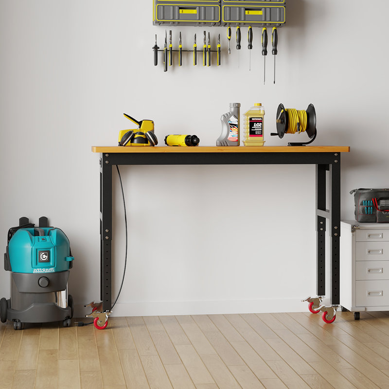 Établi 60 po à hauteur réglable avec prises de courant, table de travail en bois massif robuste