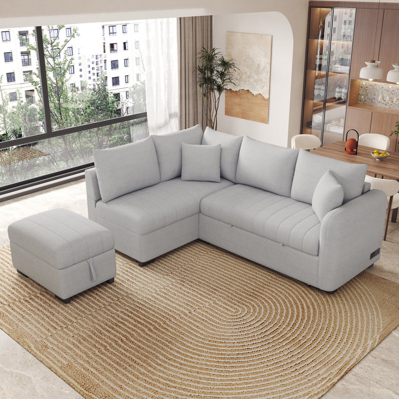 82.6" L-Shaped Sectional Pull Out Sofa Bed Sleeper Sofa, Gray Polyester
