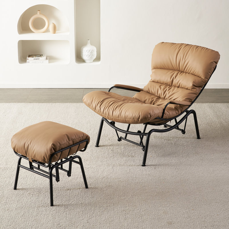 Cream Faux Leather Mid-Century Modern Glider Rocking Chair with Ottoman