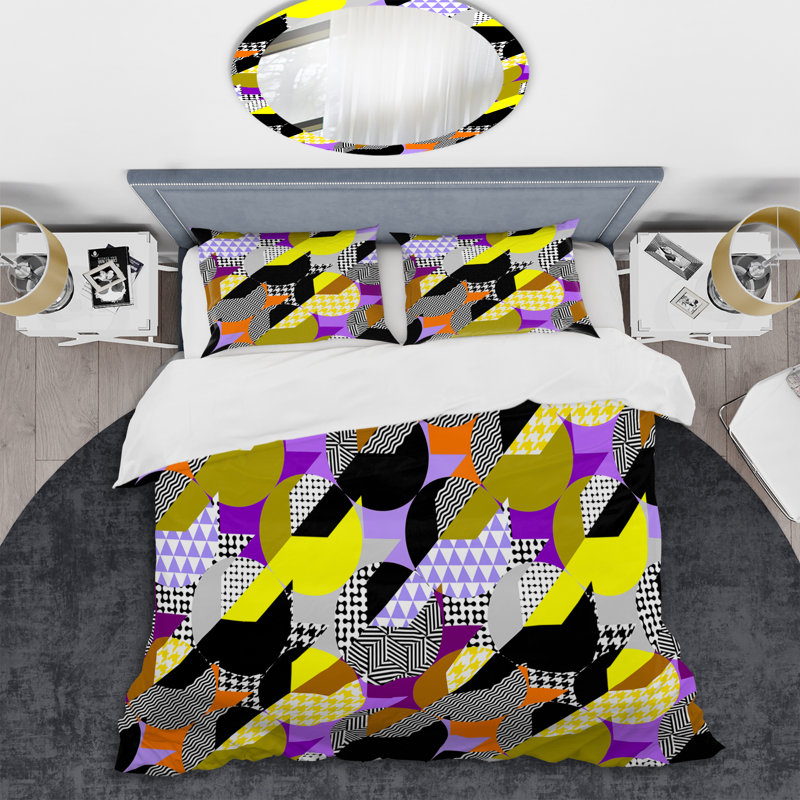 Multicolor Geometric Patchwork - Abstract Duvet Cover Set - Microfiber Polyester, King Duvet Cover + 2 King Shams