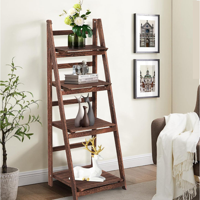 Eri Rectangular Multi-Tiered Foldable Ladder Solid Wood Plant Stand, Brown