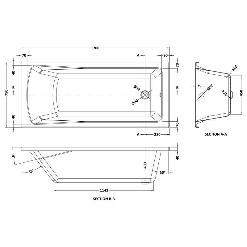 Linton Square Single Ended Bath in White, 170cm x 75cm