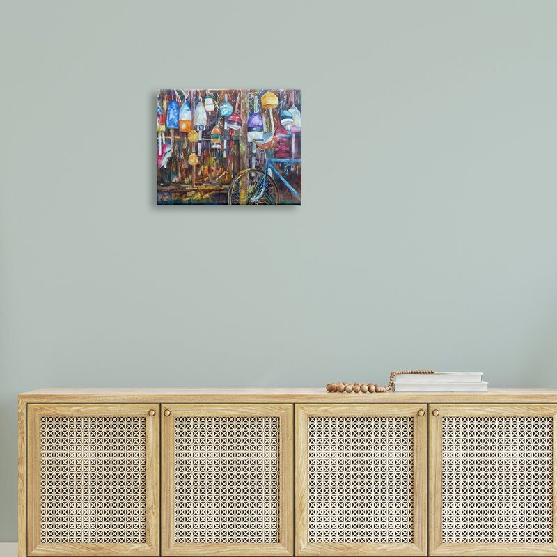 " Abandoned Bicycle Ocean Buoy Fence Painting " by MB Cunningham, Wrapped Canvas, 20" W x 16" H