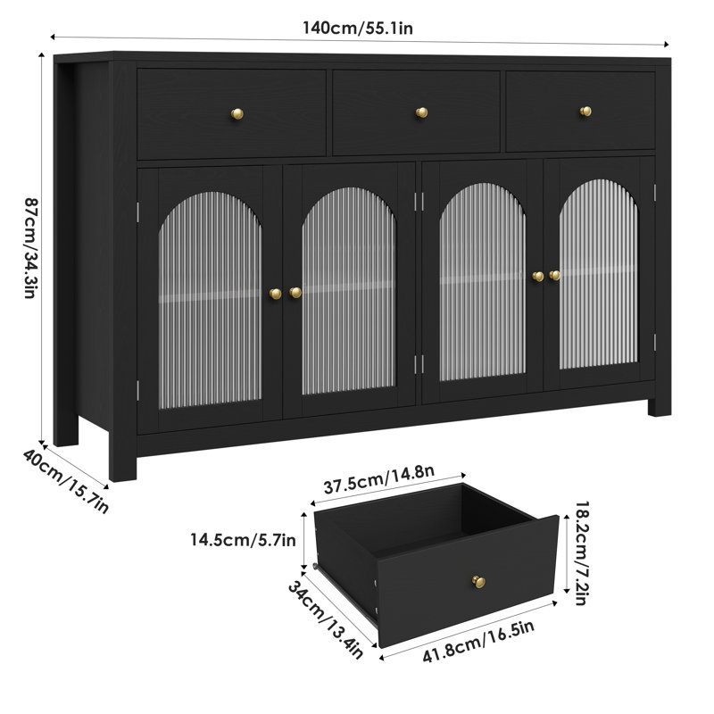 Wade Logan Bonnetta 55.1"W 3 Drawer Buffet, Modern Sideboard with Glass Doors & Reviews - Wayfair Canada