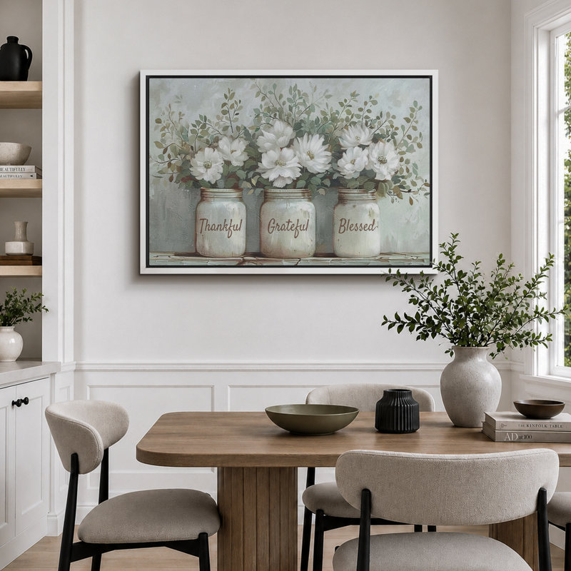 Bottled Plant Thankful Grateful Blessed Inspirational Green Floral Rustic Mason Jar Large Canvas Print Wall Art, White