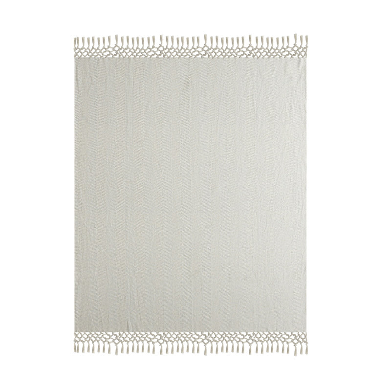 Gray Cotton Herringbone Throw Blanket with Fringe