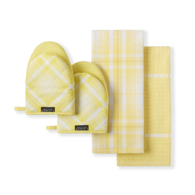 Cotton Plaid Kitchen Towel Linen Set, Yellow/White