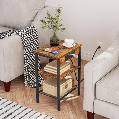 Side Table With Charging Station And USB Port, Small End Table For Small Space, 3-Tier Nightstand With Adjustable Shelf, For Living Room, Bedroom And Balcony, Rustic Brown BF112BZ01