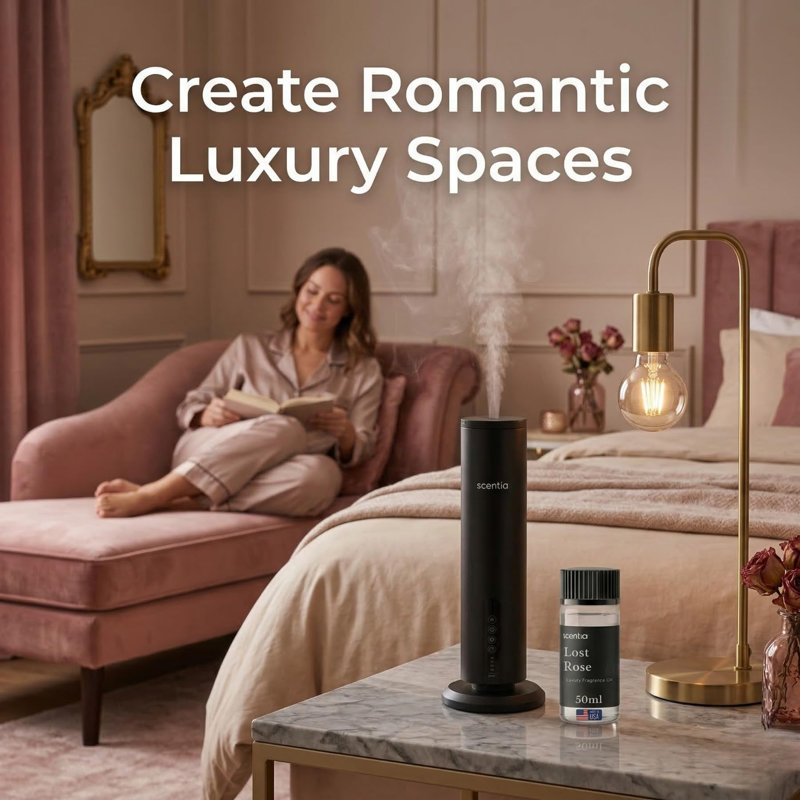 Huile pour diffuseur de parfum Scentia, hôtel de roses perdues - Parfum de luxe inspiré par Fairmont - 50 ml - Mélange d'huiles essentielles de rose, de bois d'ud et de clou de girofle pour la maison, le bureau et les diffuseurs d'aromathérapie, fabriqué aux États-Unis