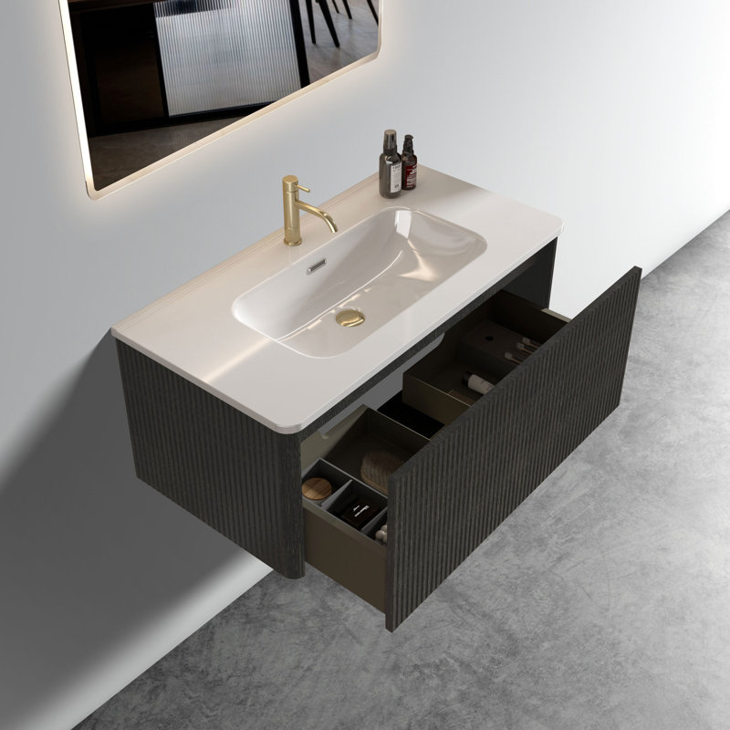 Meuble-lavabo moderne 36 po - Chêne noir rayé, lavabo en céramique blanche, transformation flottante pré-assemblée intégrée sans soudure
