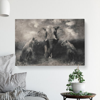 Elephant With Lions - Wrapped Canvas Print