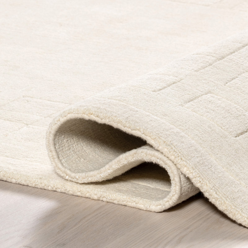 Ivory Rectangular Handmade Wool Area Rug