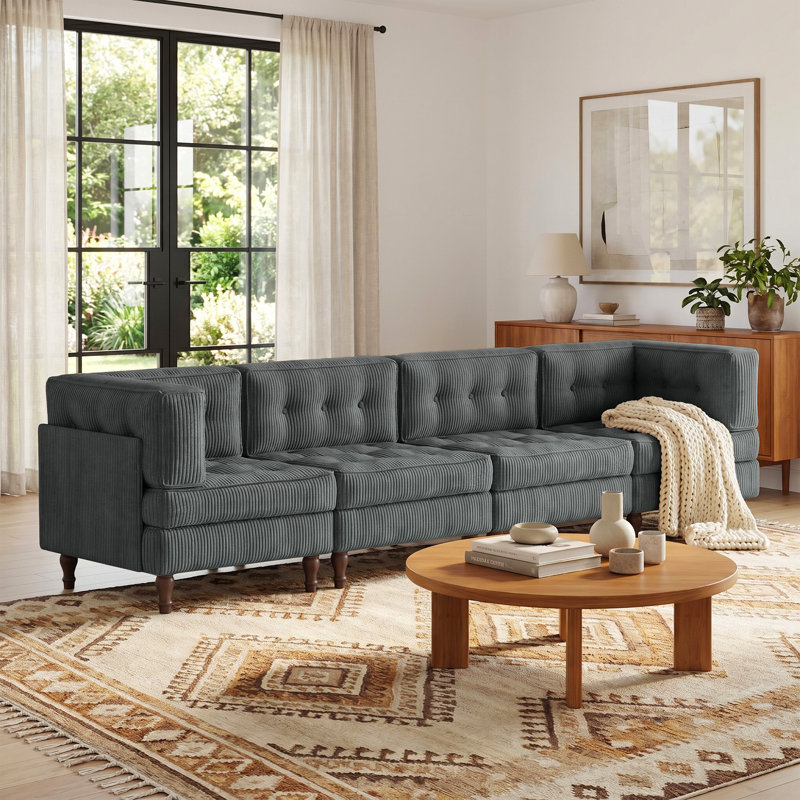 4 - Piece Upholstered Gray Tufted Corduroy Modular Sectional with Pillow Back, Gray, 31.8" H x 130.6" W x 32.6" D, 4